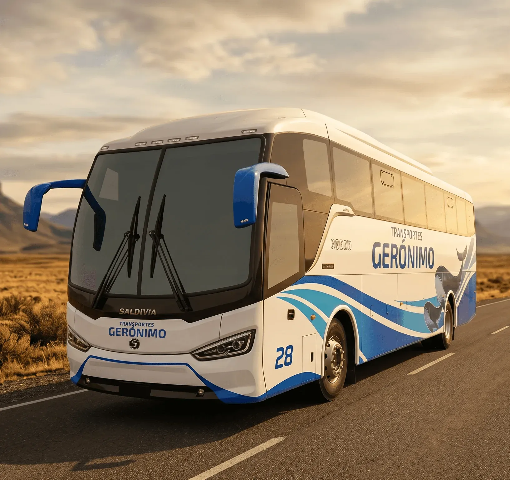 A large white tour bus labeled "Geronimo" is parked on a dirt road, with a cloudy sky and some trees and a car in the background.